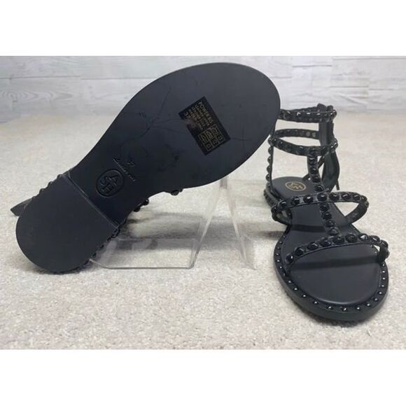ASH Size 6.5 Black Studded Power Bis Flat Leather Sole Sandal‎ NWT - Picture 1 of 3